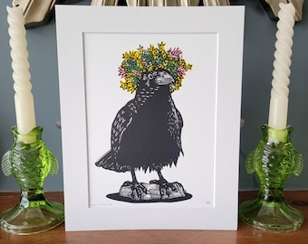 Lady Summertide - handmade original linocut crow bird art print