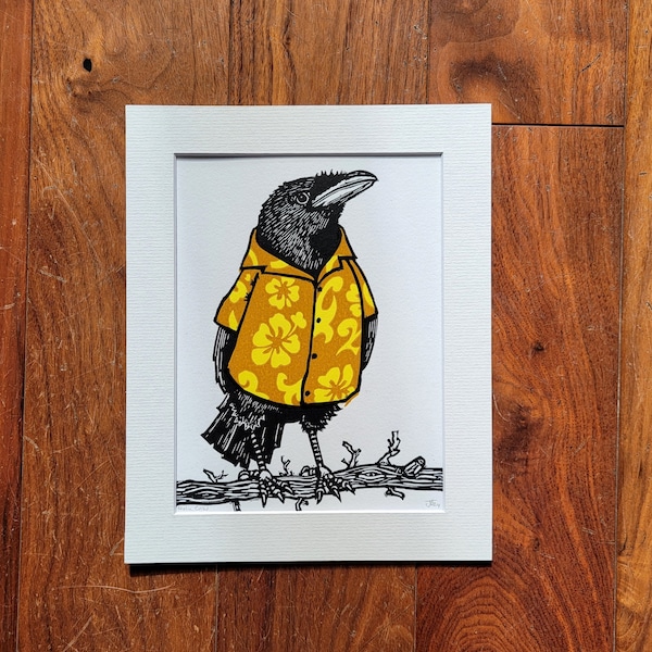 Crow wearing a Hawaiian shirt  - handmade linocut bird art print