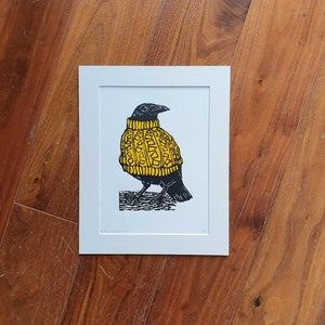 Crow wearing a mustard yellow jumper - handmade linocut bird art print