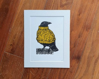 Crow wearing a mustard yellow jumper - handmade linocut bird art print