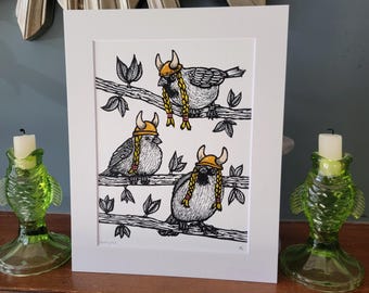 The Viking Host - handmade original linocut bird gallery wall art print
