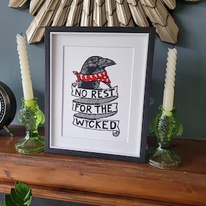 No Rest for the Wicked - original handmade linocut bird art print