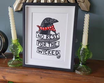 No Rest for the Wicked - original handmade linocut bird art print