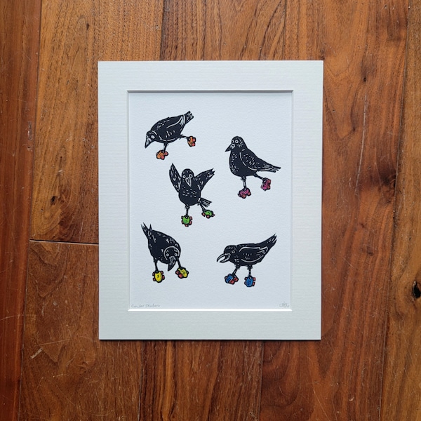Roller skating crows- handmade original linocut bird art print