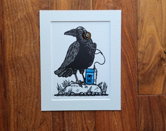 Music Loving Crow - handmade original linocut bird art print