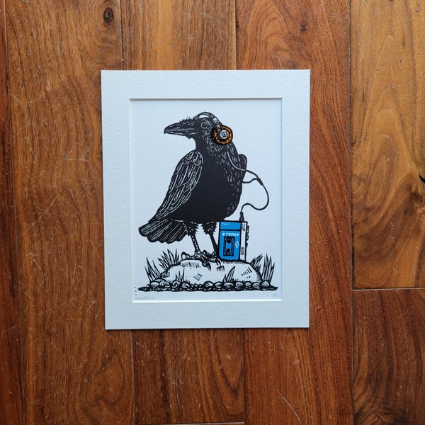 Music Loving Crow - handmade original linocut bird art print