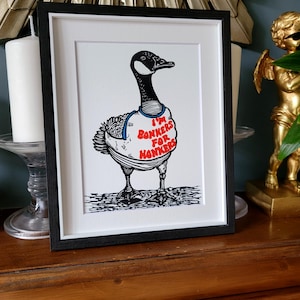 Slogan T-shirt wearing Goose - original handmade linocut bird art print