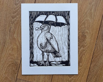 Rainy Day Seagull (Black and white version) - handmade linocut bird art print