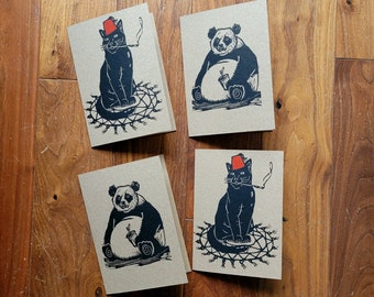 Pack of 4 Hand Printed Linocut Greetings Cards - Panda and Fezzed Cat