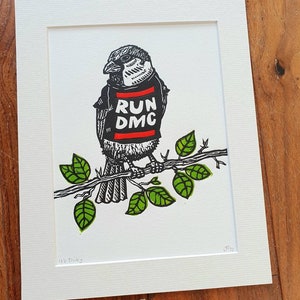 Sparrow wearing a band t shirt handmade linocut bird fan art print image 6