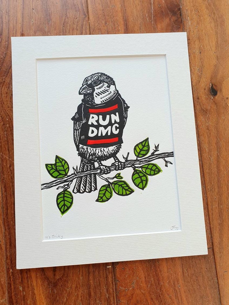 Sparrow wearing a band t shirt handmade linocut bird fan art print image 6