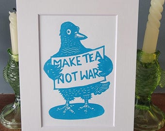 Make Tea Not War - original handmade linocut bird art print