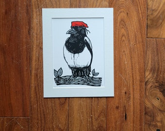 Viva La Revolución - original handmade linocut magpie bird art print