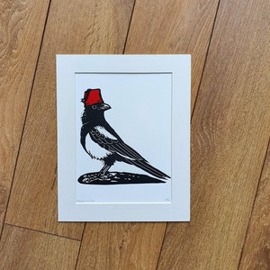 Magpie in Fez handmade linocut bird art print image 1