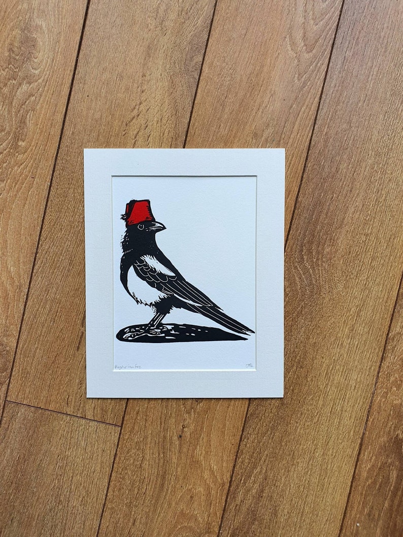 Magpie in Fez handmade linocut bird art print image 1