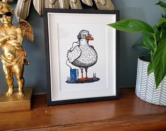 That 80s Gull - handmade original linocut seagull bird art print