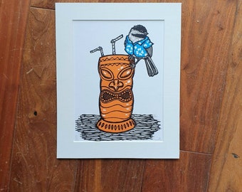 Chickadee and Tiki mug - handmade linocut bird art print