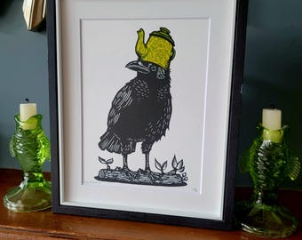 Lady Darjeeling - stampa artistica originale realizzata a mano con linoleografia raffigurante un corvo