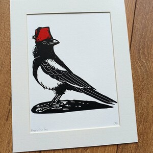 Magpie in Fez handmade linocut bird art print image 4