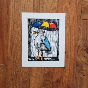 Rainy Day Seagull - handgemaakte linosnede vogelkunstprint