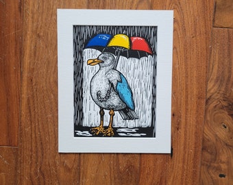 Rainy Day Seagull - handmade linocut bird art print