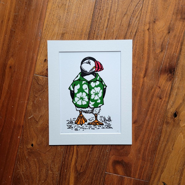 Puffin wearing a hawaiian shirt - handmade linocut bird art print