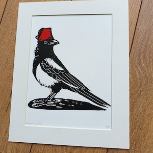 Magpie in Fez handmade linocut bird art print image 5