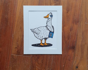Radio Goo Goose - Impresión de pájaro con arte linograbado hecho a mano