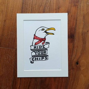 Hide Your Chips - originele handgemaakte linosnede zeemeeuwvogelkunstprint