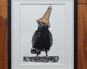 Lord Neapolitan - handmade original linocut crow wearing an ice cream cone hat bird art print