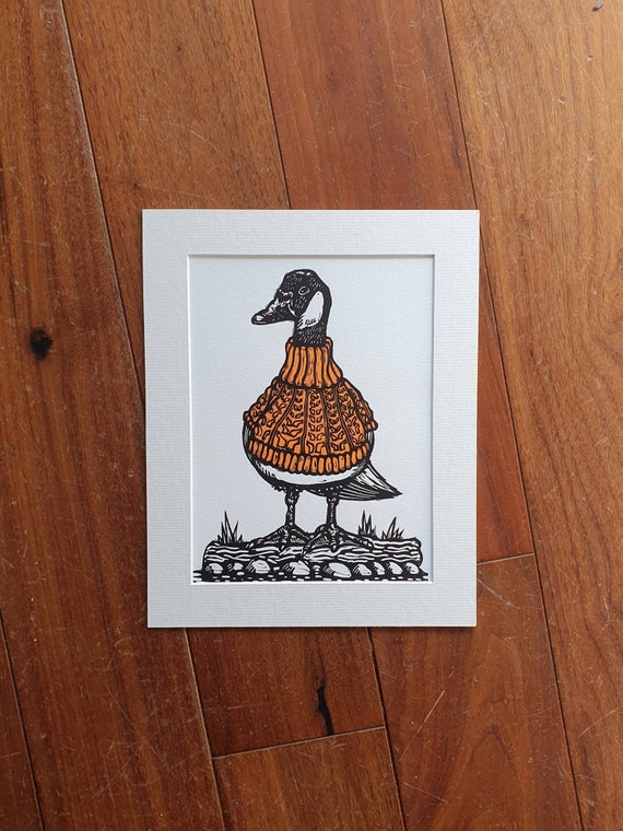Bejumpered Canada Goose in Orange - handmade linocut bird art print
