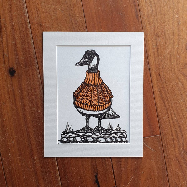 Bejumpered Canada Goose in Orange - handmade linocut bird art print