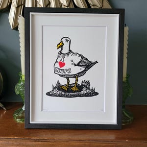 I Heart Chips - handmade original linocut bird art print