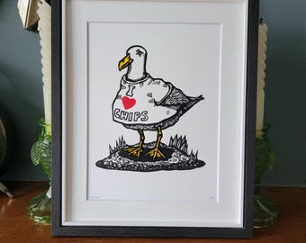 I Heart Chips - handmade original linocut bird art print