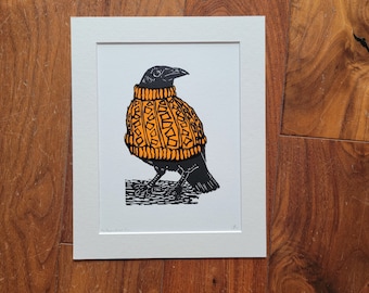 Crow wearing an orange jumper - handmade linocut bird art print