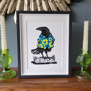 The Aloha Crow in blue - handmade linocut bird art print