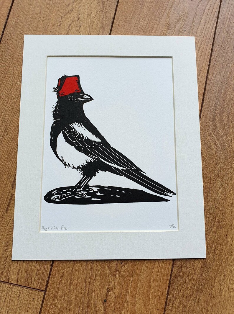 Magpie in Fez handmade linocut bird art print image 6