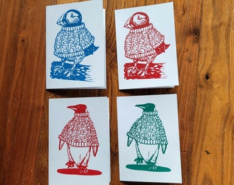 Pack of 4 Hand Printed Linocut Greetings Cards -  Bejumpered Puffin and Penguin