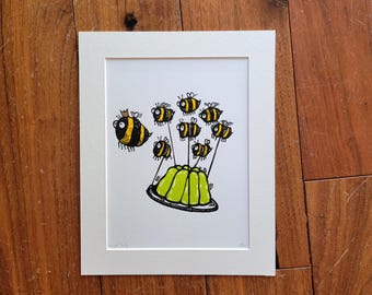 Jalea Real - Impresión original de abeja con arte linograbado hecho a mano
