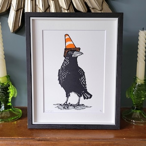 Lord Wellington - handmade original linocut crow bird art print