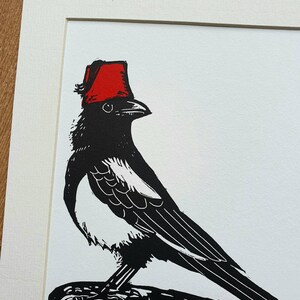 Magpie in Fez handmade linocut bird art print image 2