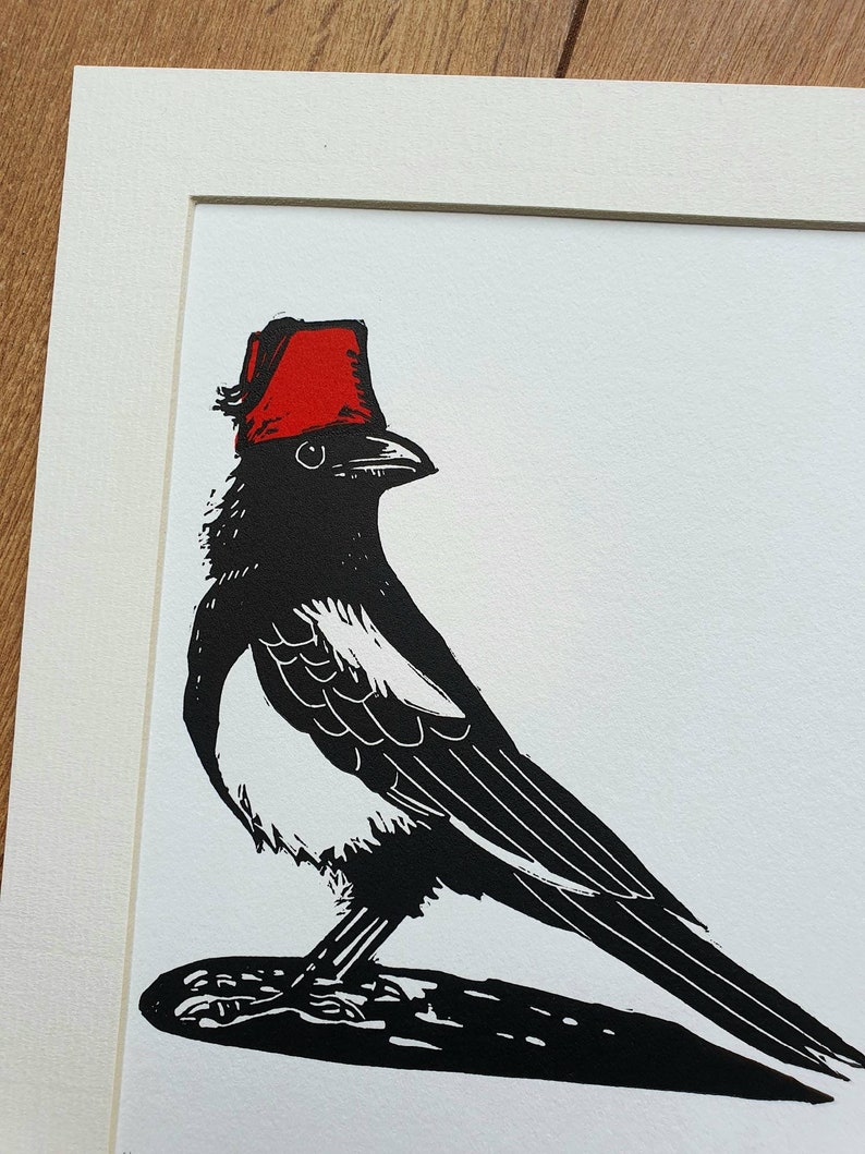 Magpie in Fez handmade linocut bird art print image 2