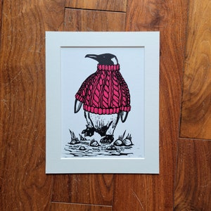 The Bejumpered Penguin in Pink - handmade linocut bird art print