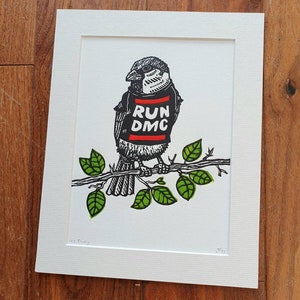 Sparrow wearing a band t shirt handmade linocut bird fan art print image 5