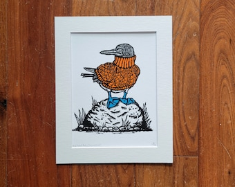 Blaufußtölpel - handgemachter Original Linolschnitt Kunstdruck