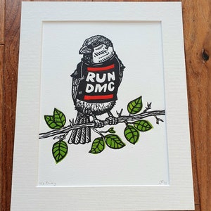 Sparrow wearing a band t shirt handmade linocut bird fan art print image 8