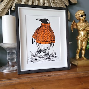 The Bejumpered Penguin - handmade linocut bird art print