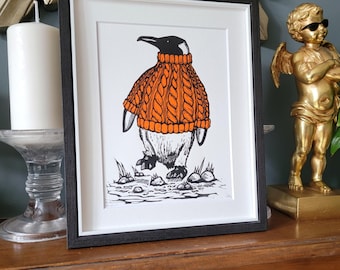 El pingüino con jersey - lámina artística de ave grabada en linóleo a mano