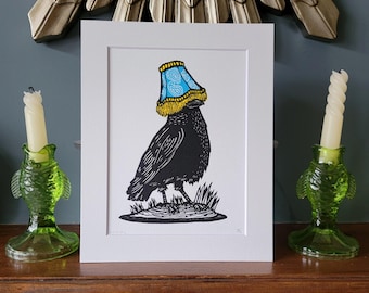 Lord Paisley - crow wearing a lampshade hat - handmade original lino print bird art