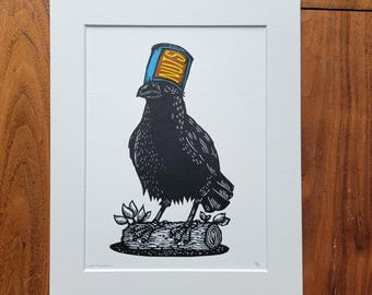 Lord Macadamia - handmade original linocut crow wearing a hat bird art print